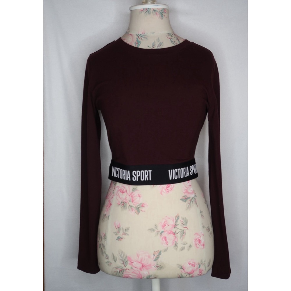 Victoria's Secret Victoria Sport Burgundy Long Sleeve Crop Top Logo Band Sz S